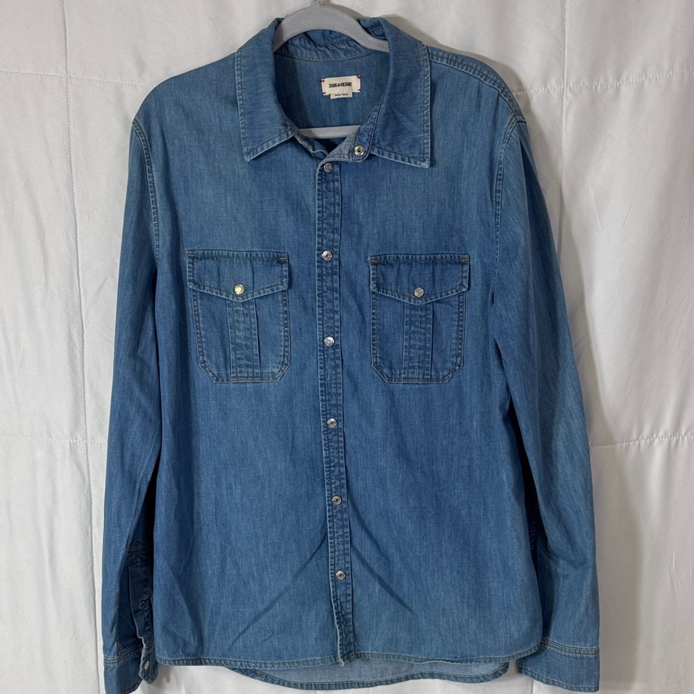 Zadig & Voltaire Denim Button Up Shirt C’est Alright Graphic‎ Back Light Wash